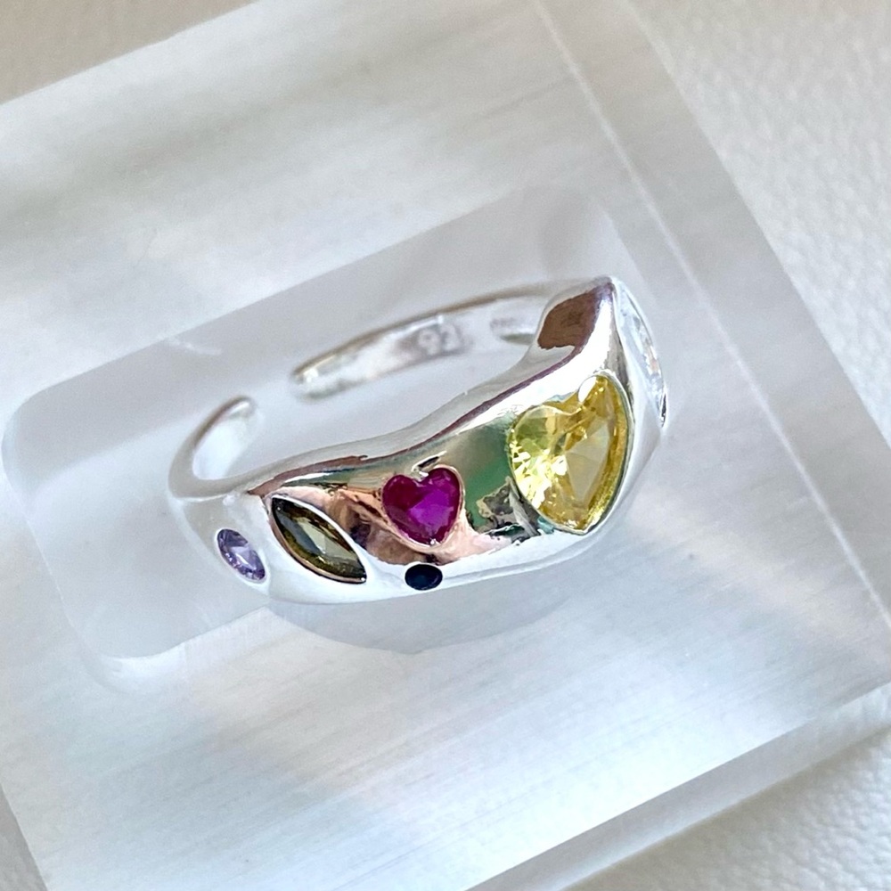 Multicolor Heart Gem Silver Ring with Yellow and Pink Accents
